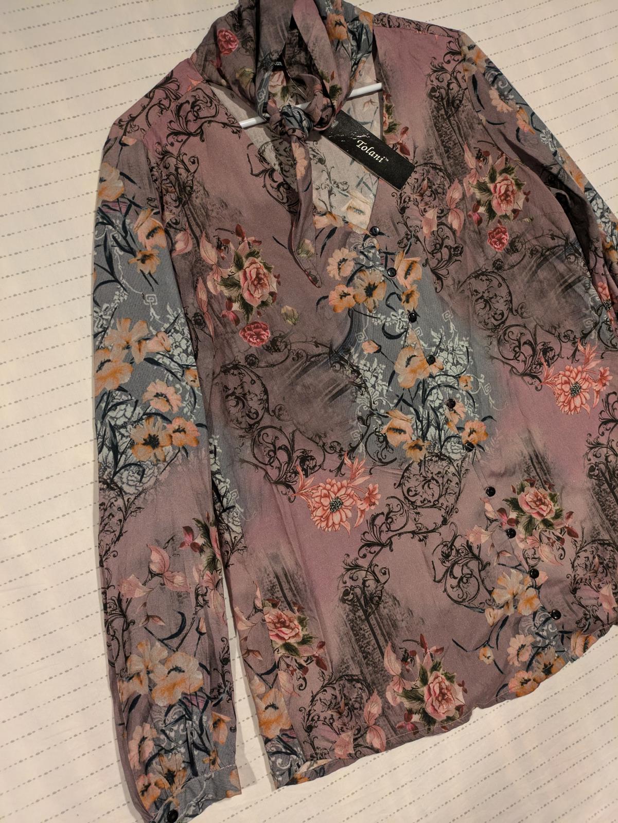 Tolani Floral Print Long Sleeve Blouse Neck Wrap Tie Choker Womens Small NWT - Image 3