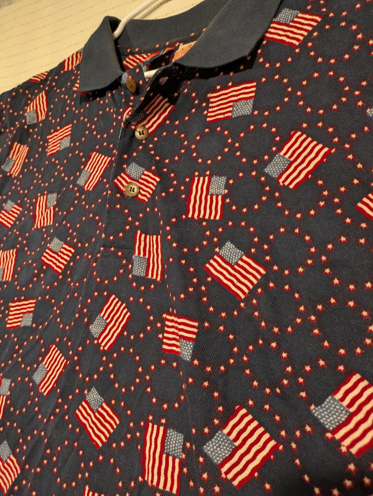 American Impact Patriotic Flag Print Polo Shirt Mens Large 100% Cotton AOP - Image 5