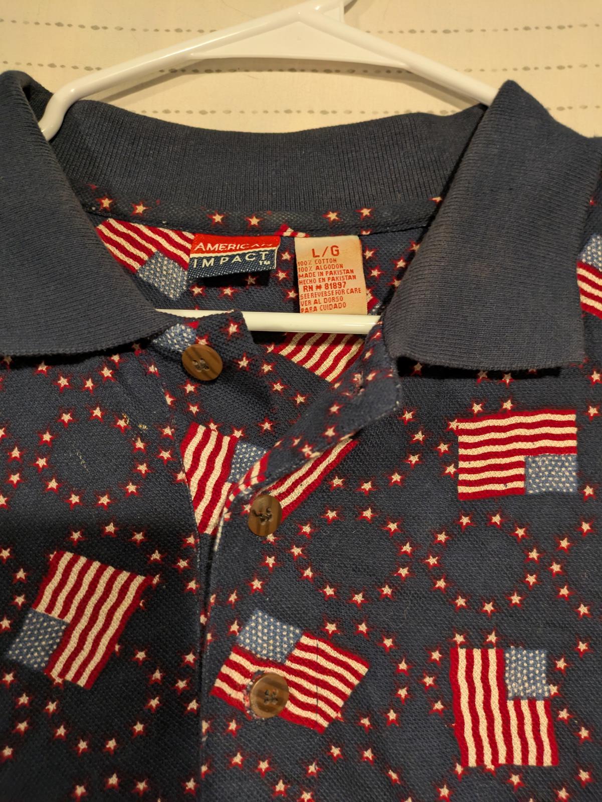 American Impact Patriotic Flag Print Polo Shirt Mens Large 100% Cotton AOP - Image 6