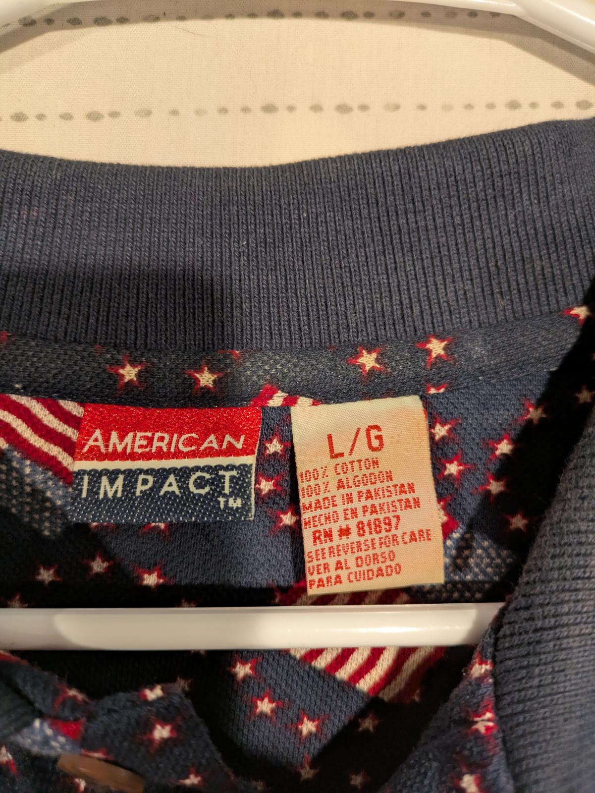 American Impact Patriotic Flag Print Polo Shirt Mens Large 100% Cotton AOP - Image 7