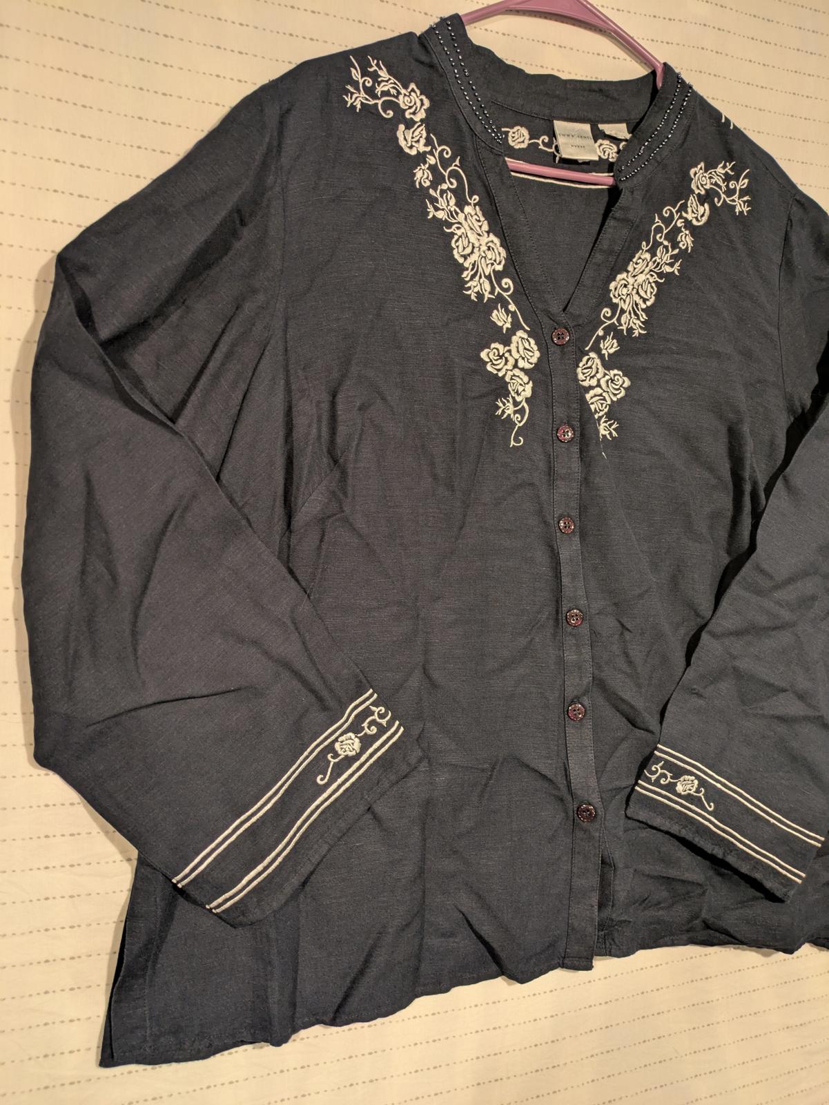 Emma James Womens Elegant Embroidered Beaded Button-Up Blouse Navy 24W - Image 2