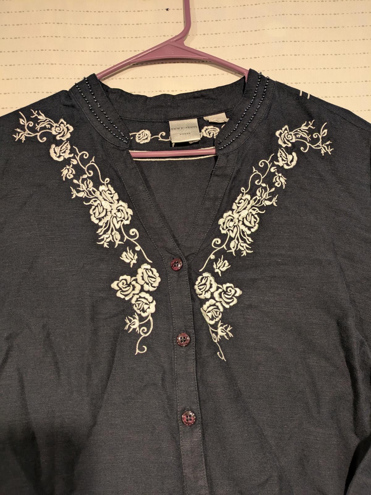 Emma James Womens Elegant Embroidered Beaded Button-Up Blouse Navy 24W - Image 4