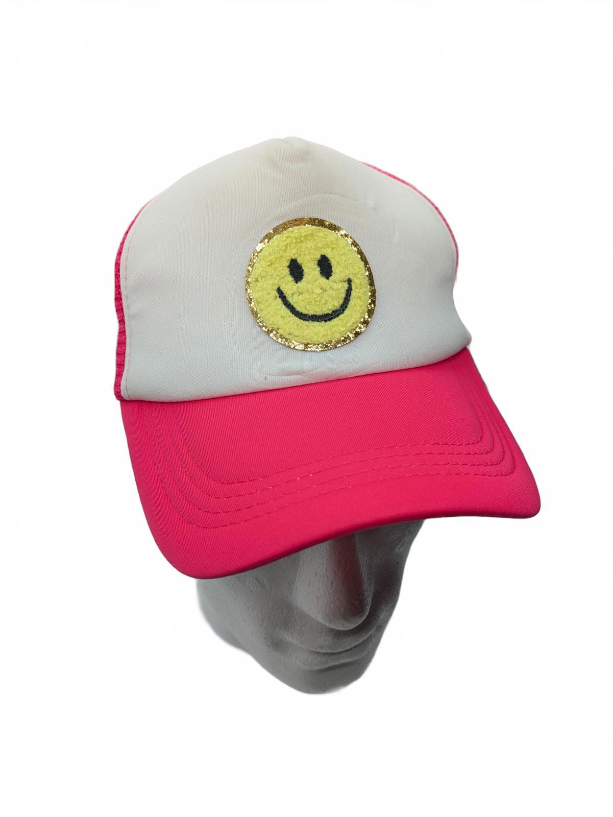 Smiley Face Baseball Hat Cap Glittery Sparkly Pink White OSFA Snapback Trucker