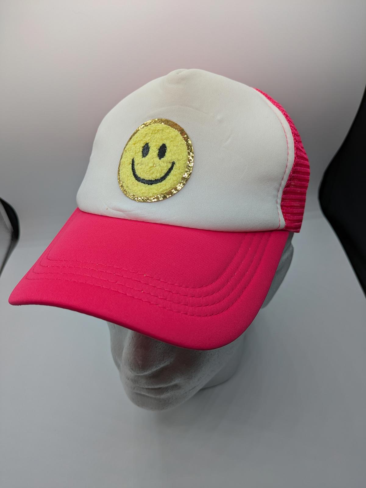 Smiley Face Baseball Hat Cap Glittery Sparkly Pink White OSFA Snapback Trucker - Image 2