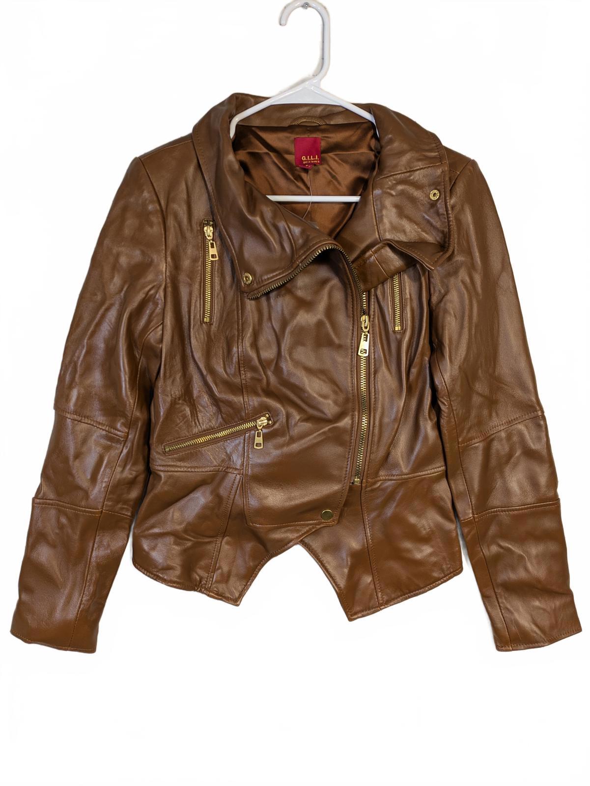 G.I.L.I. Brown Leather Moto Jacket Asym Zip Cropped Biker Style Womens 6