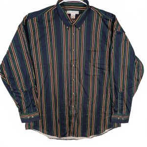 Tribute Striped Button Down Shirt Navy Green Red Cotton Long Sleeve Mens XL