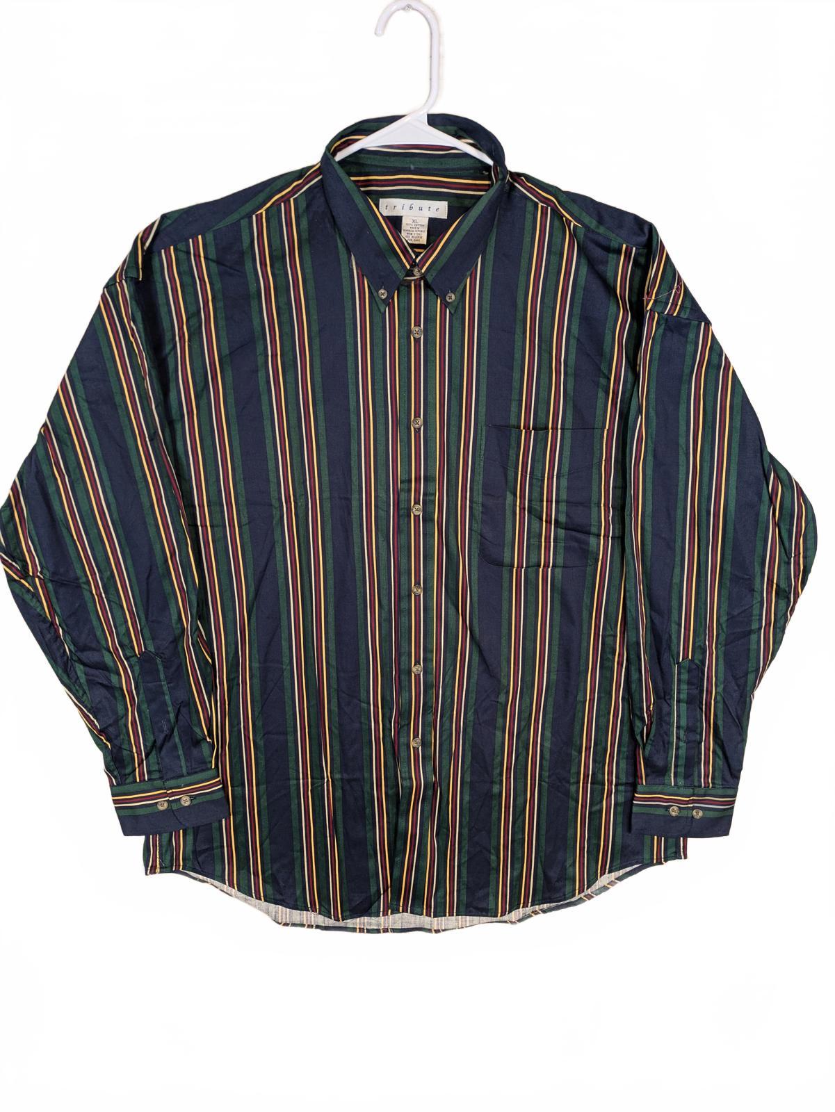 Tribute Striped Button Down Shirt Navy Green Red Cotton Long Sleeve Mens XL