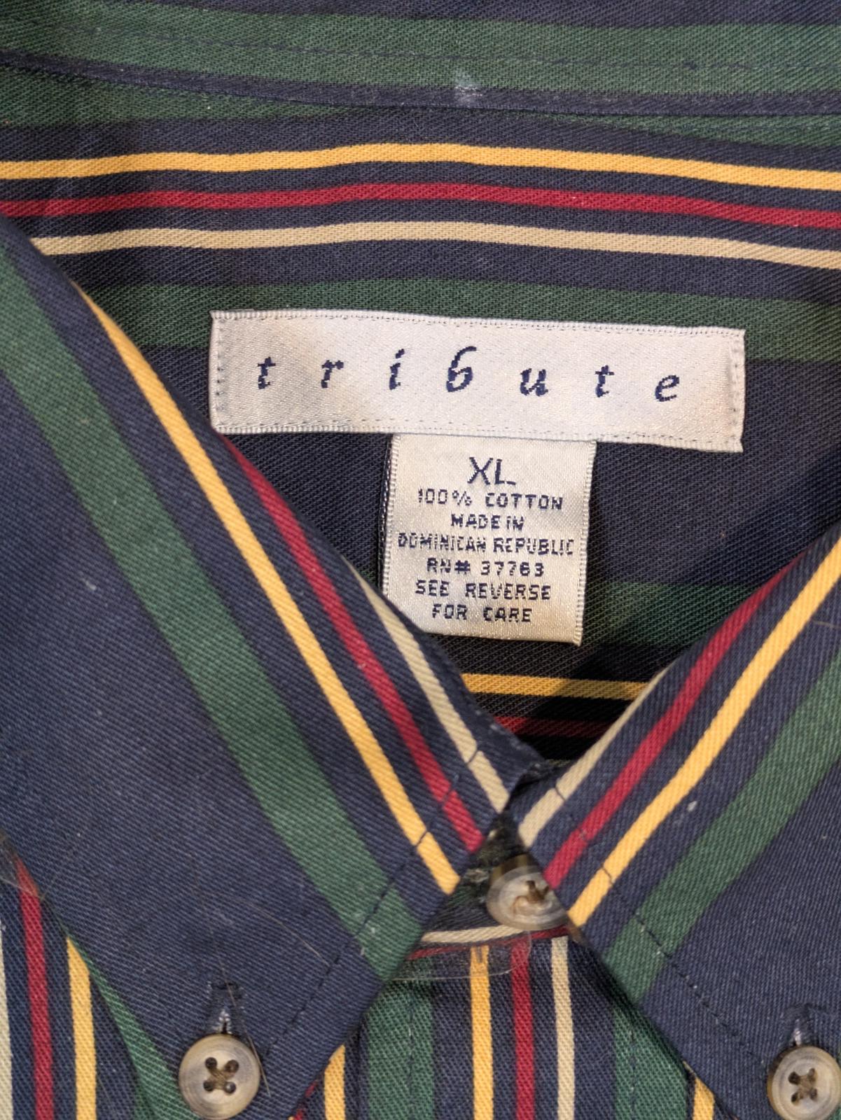 Tribute Striped Button Down Shirt Navy Green Red Cotton Long Sleeve Mens XL - Image 3