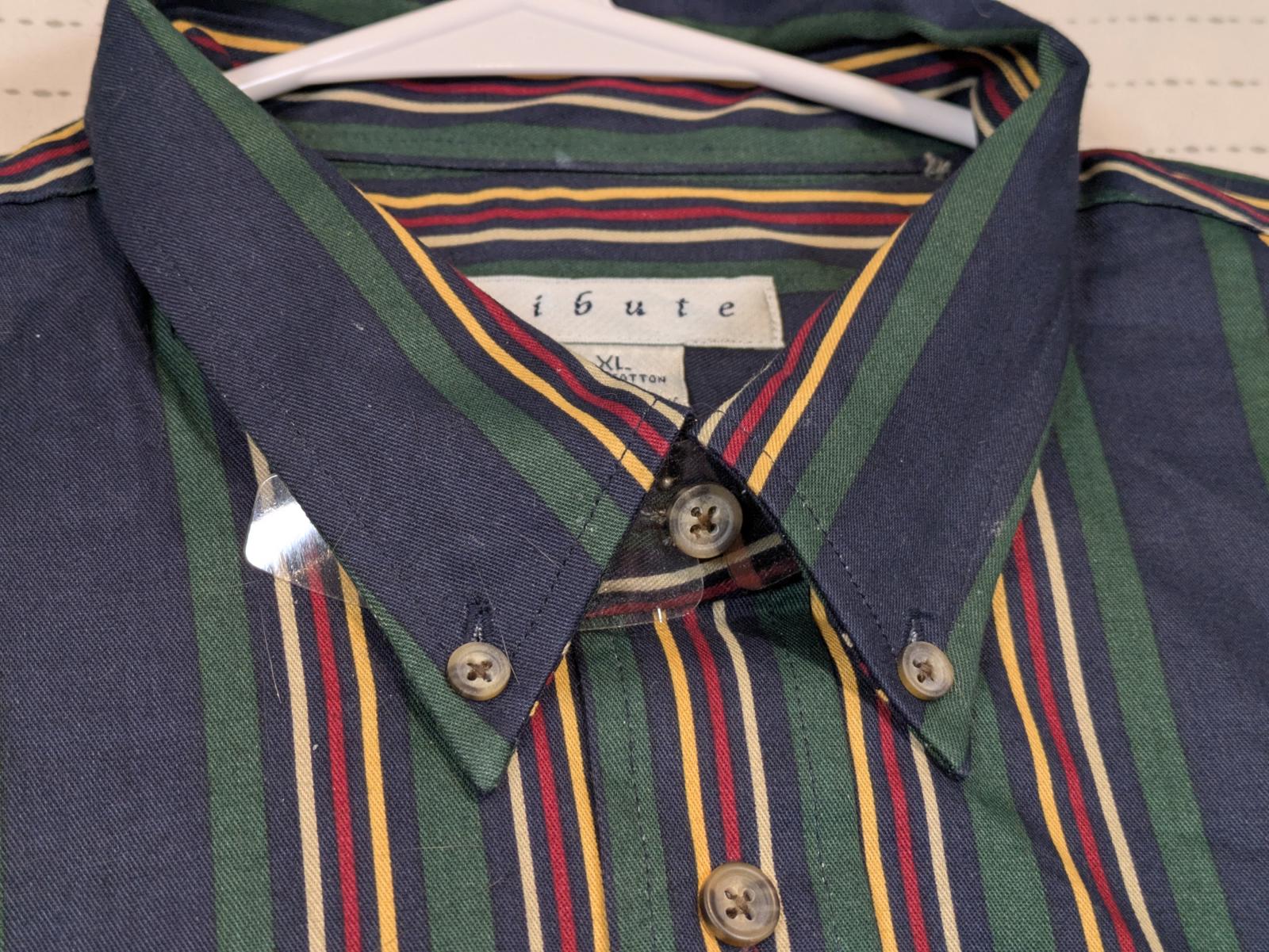 Tribute Striped Button Down Shirt Navy Green Red Cotton Long Sleeve Mens XL - Image 4