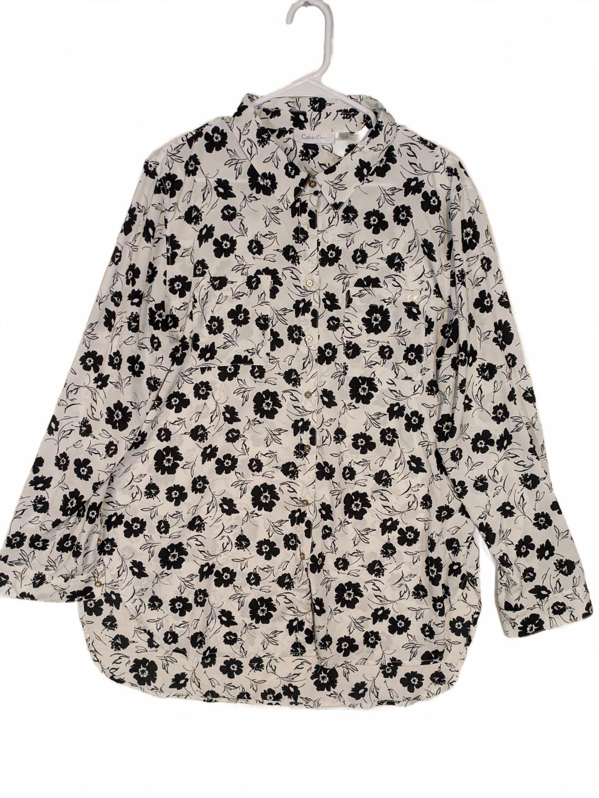 Calvin Klein Floral Button Up Long Sleeve Shirt Womens XL Black White