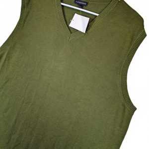 Lands End Sweater Vest V Neck Knit Pullover Casual Mens XL Green Cotton NWT