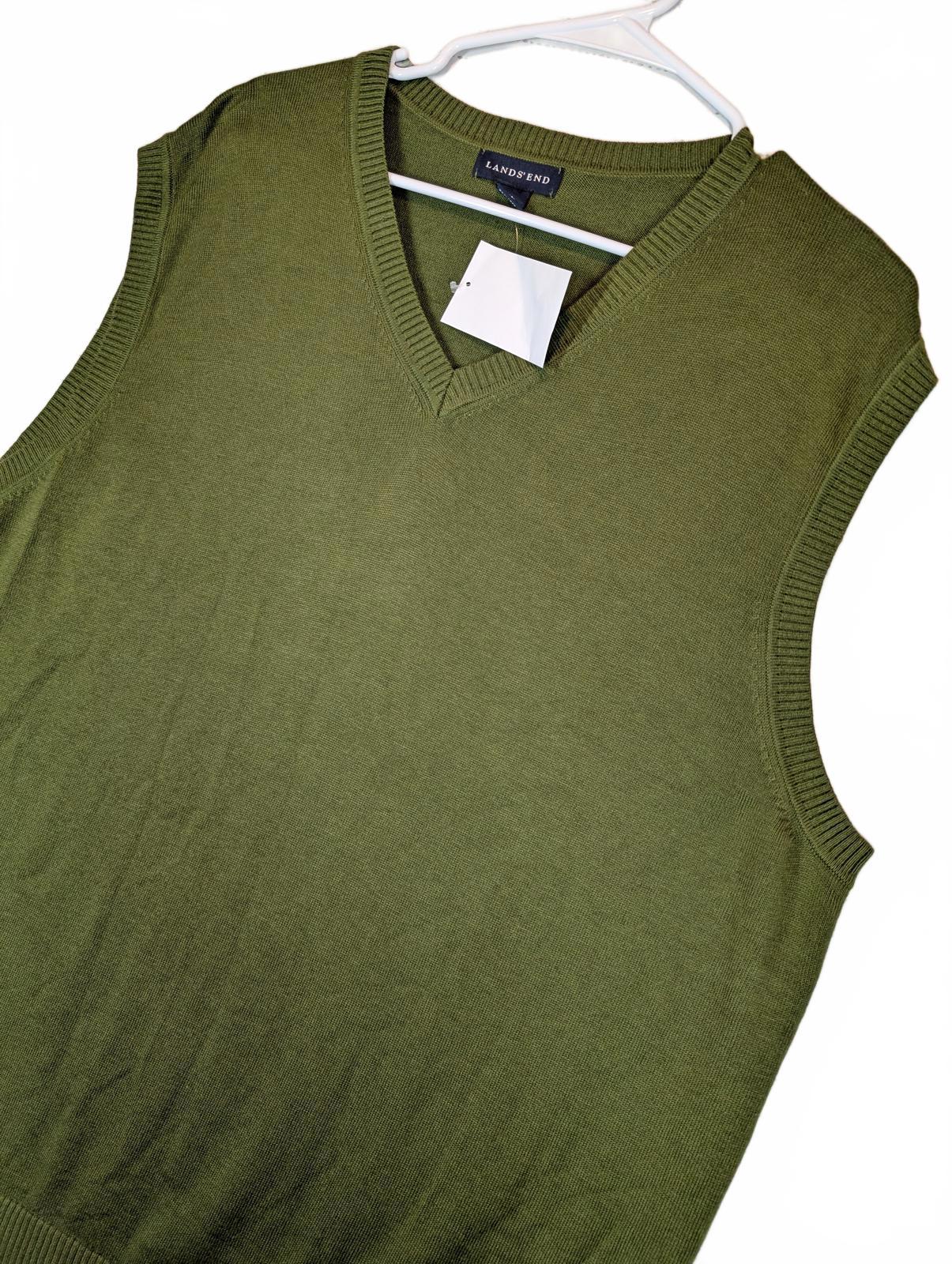 Lands End Sweater Vest V Neck Knit Pullover Casual Mens XL Green Cotton NWT