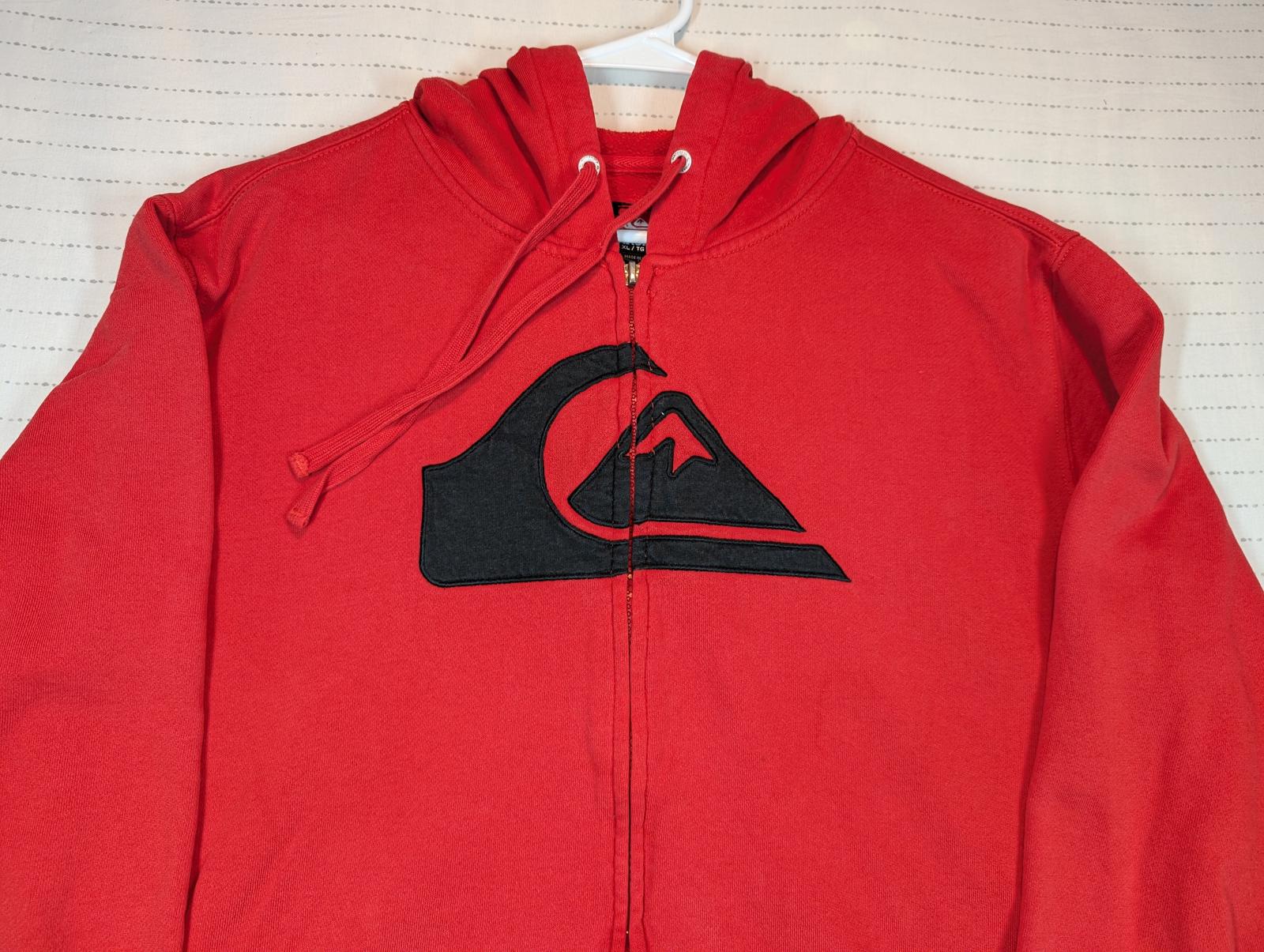 Quiksilver Full Zip Hoodie Red Logo Fleece Sweatshirt Mens XL - Image 5