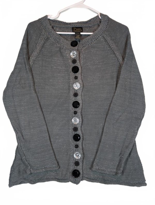 Pure Handknit Gray Metallic Knit Jewel Button Open Cardigan Sweater Womens L/XL