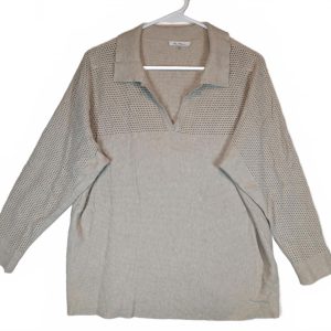 Vera Modena Knit Polo Pullover Perforated Sweater Top Womens Large Long Sleeve