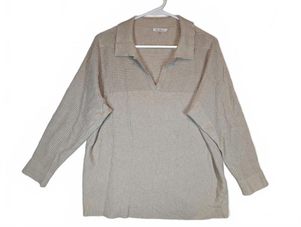 Vera Modena Knit Polo Pullover Perforated Sweater Top Womens Large Long Sleeve