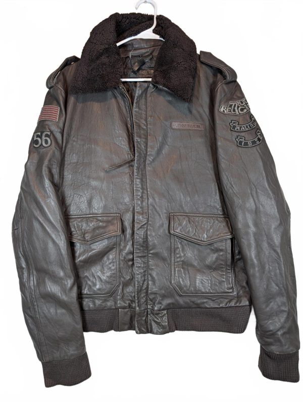True Religion TR-80 So Cal Leather Bomber Sherpa Collar Jacket Mens XXXL Patches