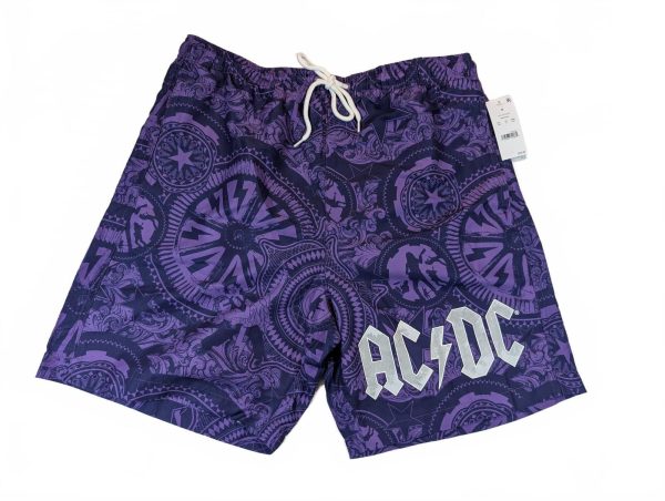AC/DC Purple Graphic Swim Trunks Board Shorts Beach Lined Elastic Mens Size Med