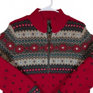 Lauren Ralph Lauren Hand Knit Fair Isle Wool Zip Cardigan Sweater Womens Medium