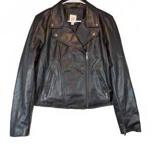 GAP Moto Faux Leather Biker Black Asymmetrical Zip Pocket Jacket Womens Medium