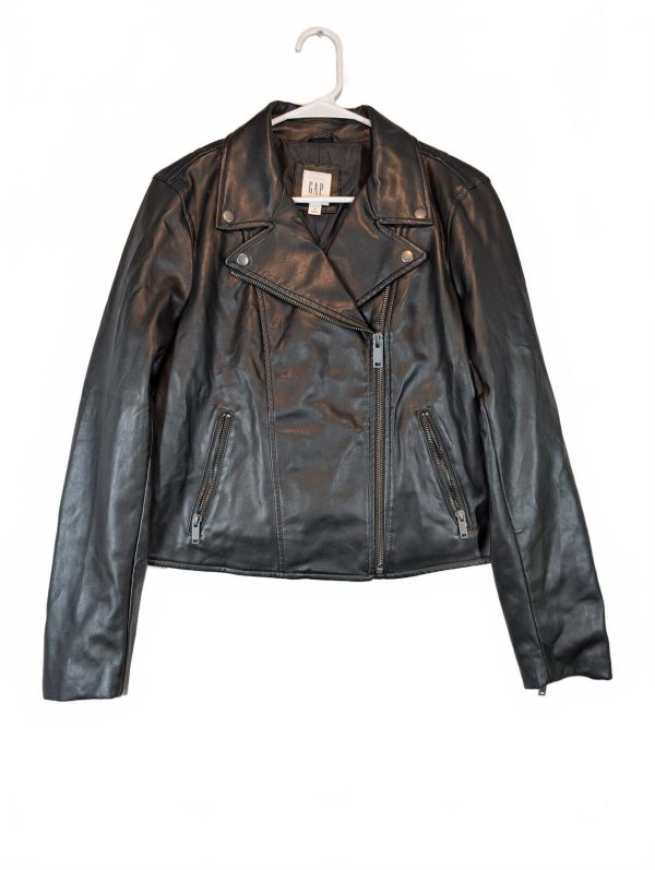 GAP Moto Faux Leather Biker Black Asymmetrical Zip Pocket Jacket Womens Medium