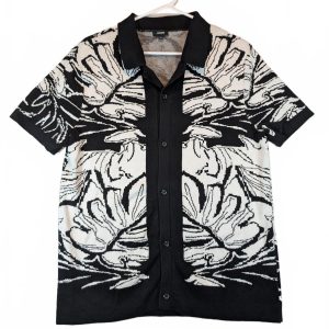 Express Floral Jacquard Knit Button-Up Resort Short Sleeve Shirt Mens Medium