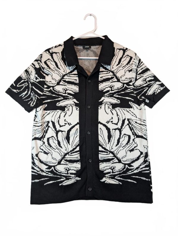 Express Floral Jacquard Knit Button-Up Resort Short Sleeve Shirt Mens Medium