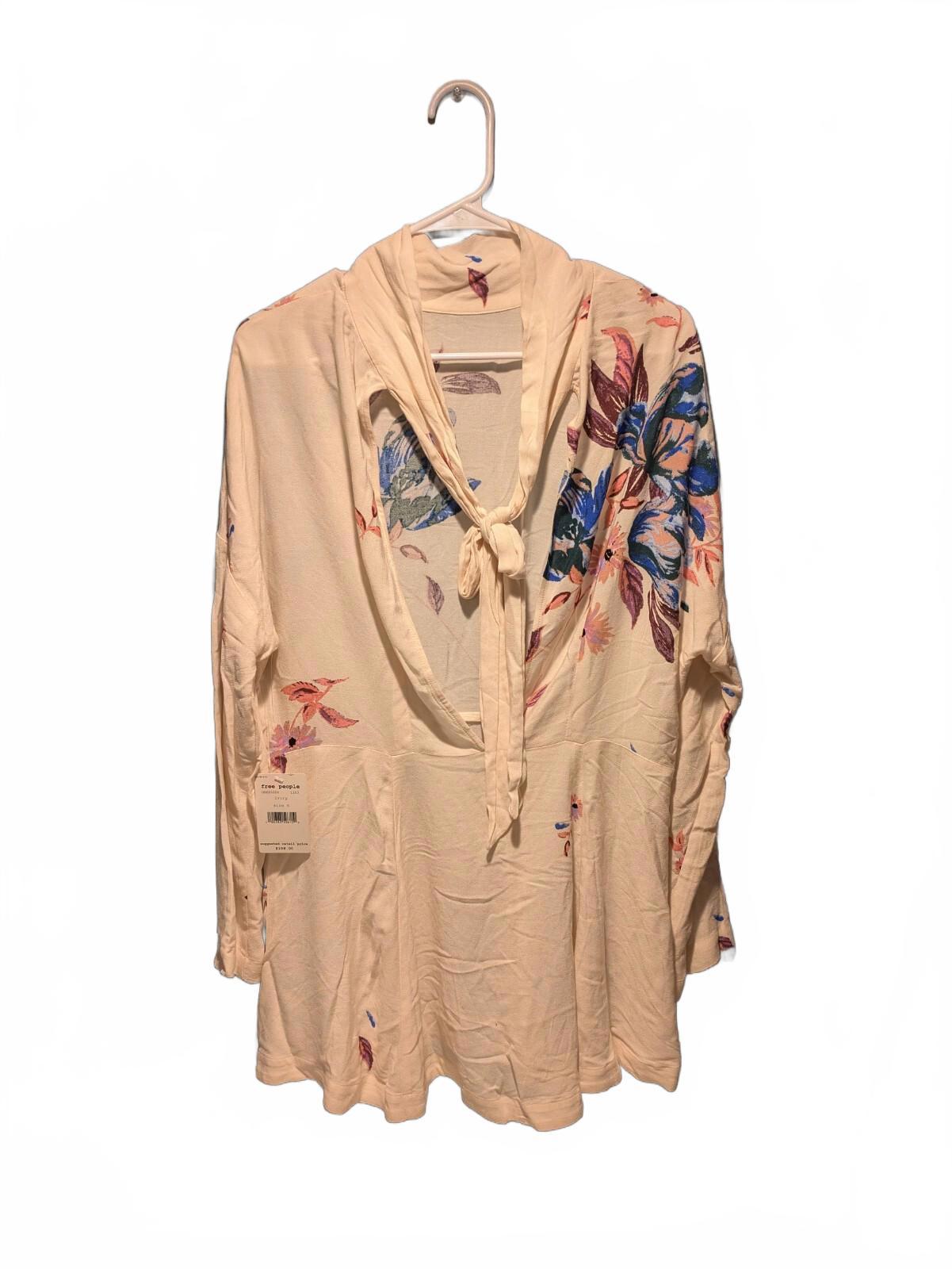 Free People Womens Gemma Tunic Mini Dress S Ivory Floral Mock Neck Open Back - Image 3