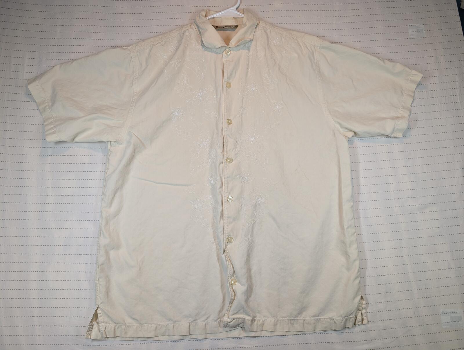 Tommy Bahama Silk Cotton Embroidered Floral Camp Shirt Button Front Mens Large