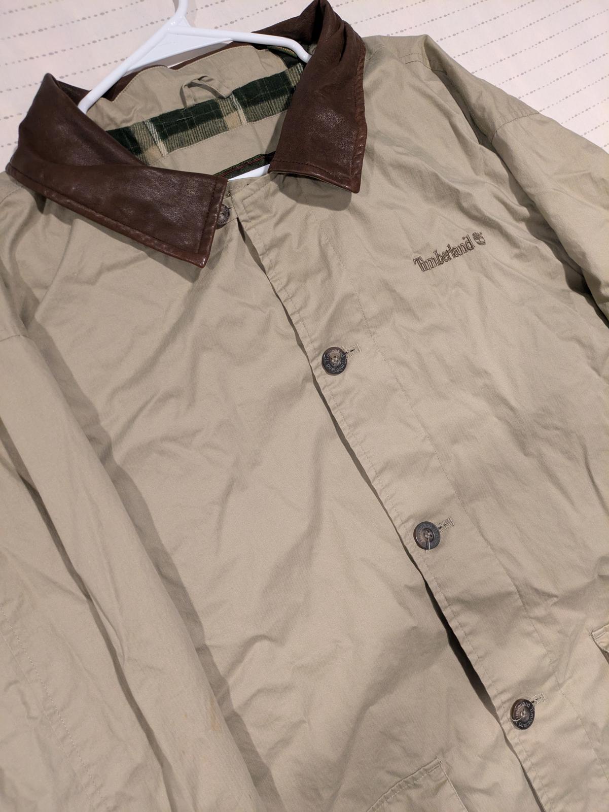 Timberland Weathergear Khaki Field Jacket Leather Collar Button Up Mens XL 1998 - Image 3